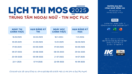 LỊCH THI CHÍNH THỨC CHỨNG CHỈ TIN HỌC QUỐC TẾ MOS NĂM 2025 TẠI TRƯỜNG ĐẠI HỌC CÔNG NGHỆ ĐỒNG NAI