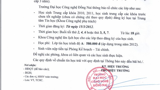 Thông báo v/v Tổ chức lớp Tin học cho sinh viên TCCN