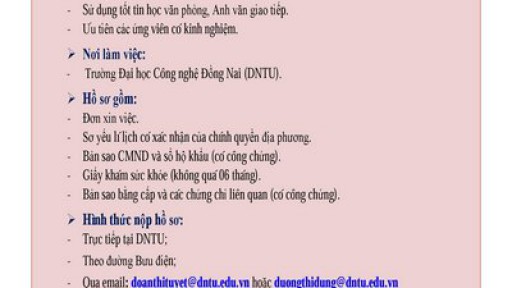Trường Đại học Công nghệ Đồng Nai thông báo tuyển dụng tháng 11/2015