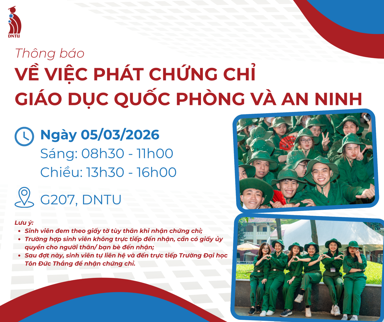 Thông báo Về việc phát chứng chỉ Giáo dục quốc phòng và an ninh cho sinh viên Trường Đại học Công nghệ Đồng Nai