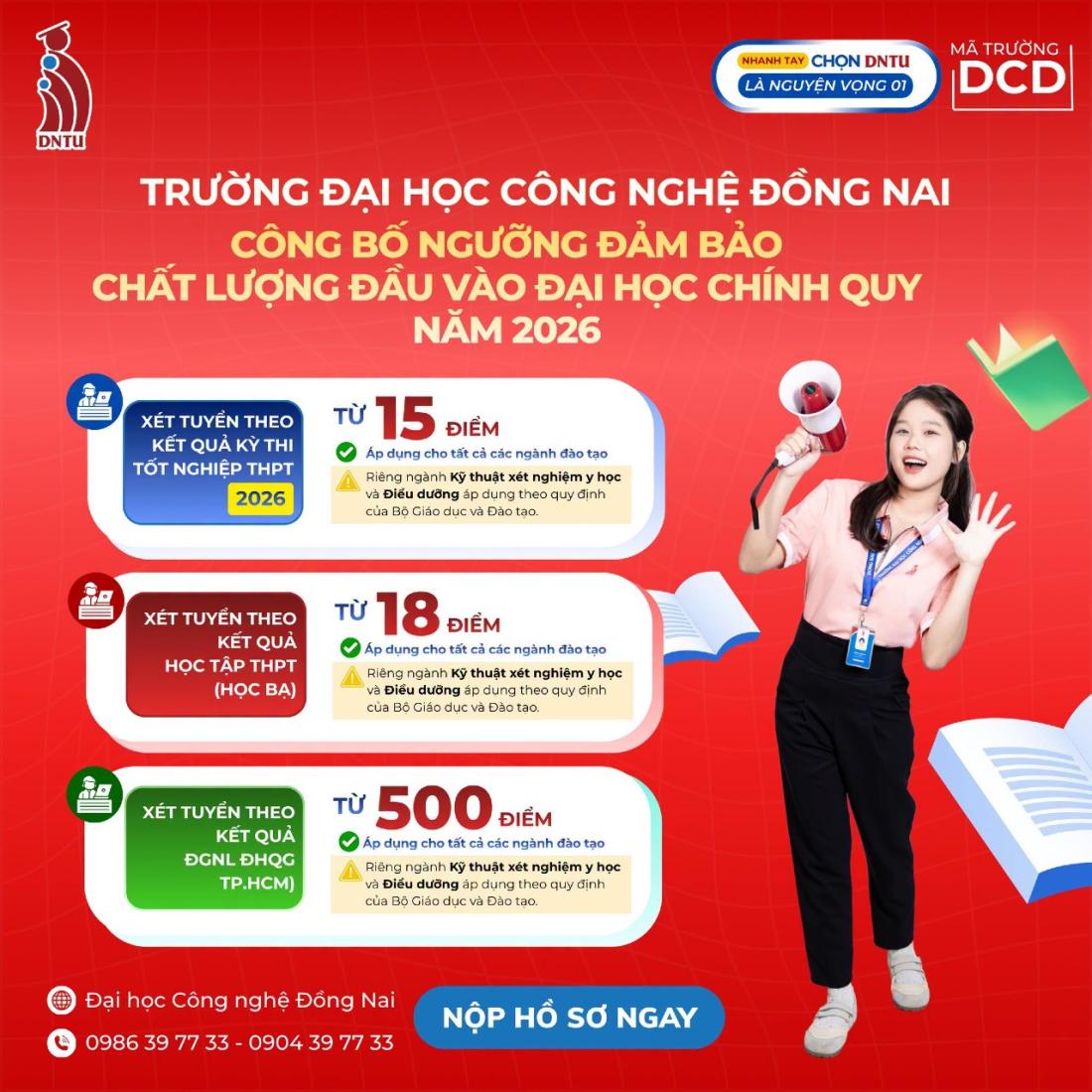 TRƯỜNG ĐẠI HỌC CÔNG NGHỆ ĐỒNG NAI CÔNG BỐ ĐIỂM SÀN XÉT TUYỂN ĐẠI HỌC CHÍNH QUY NĂM 2026